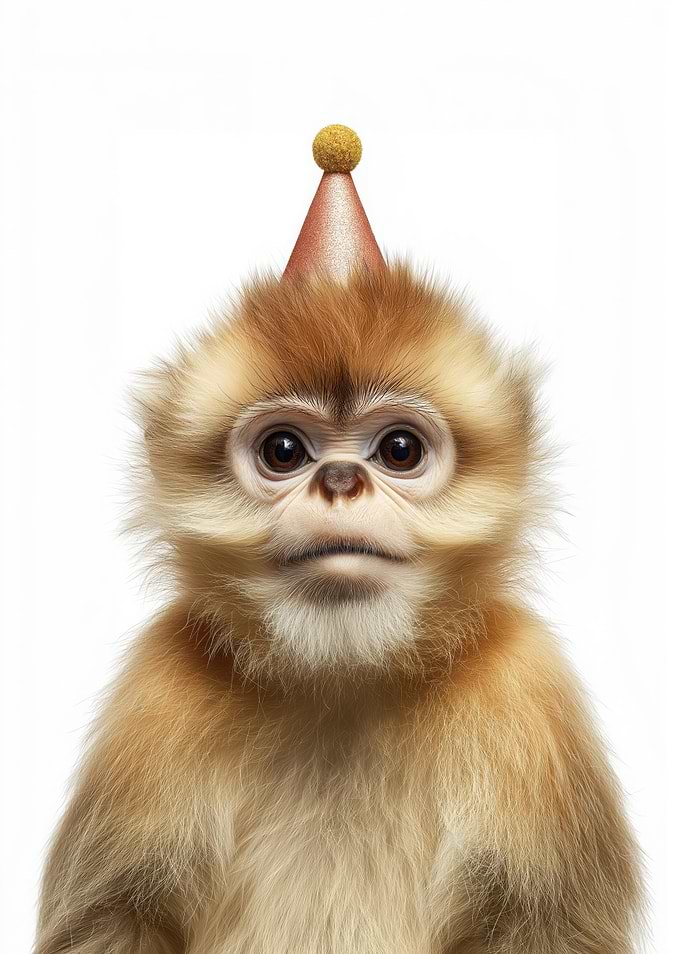 Snub-Nosed Monkey with Party Hat Portrait