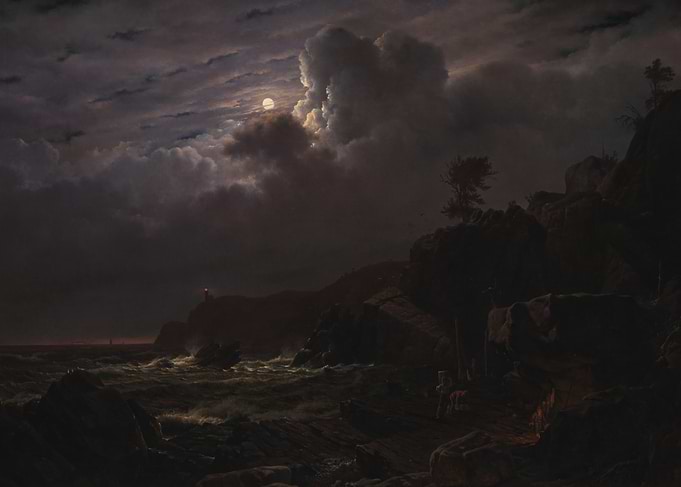 Moonlit Seascape with Lighthouse