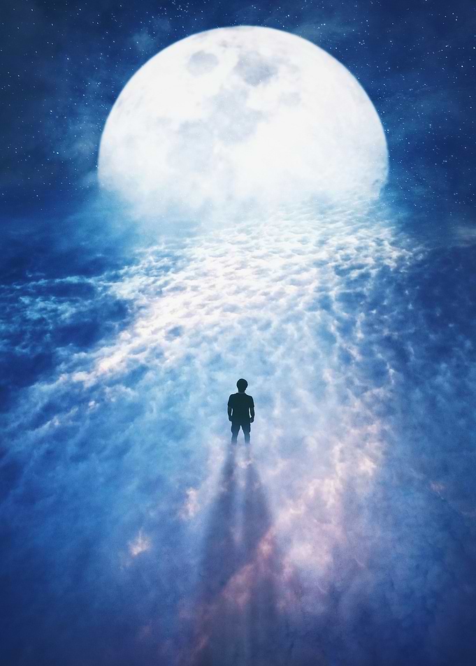Man, Moon, and Cloudy Path