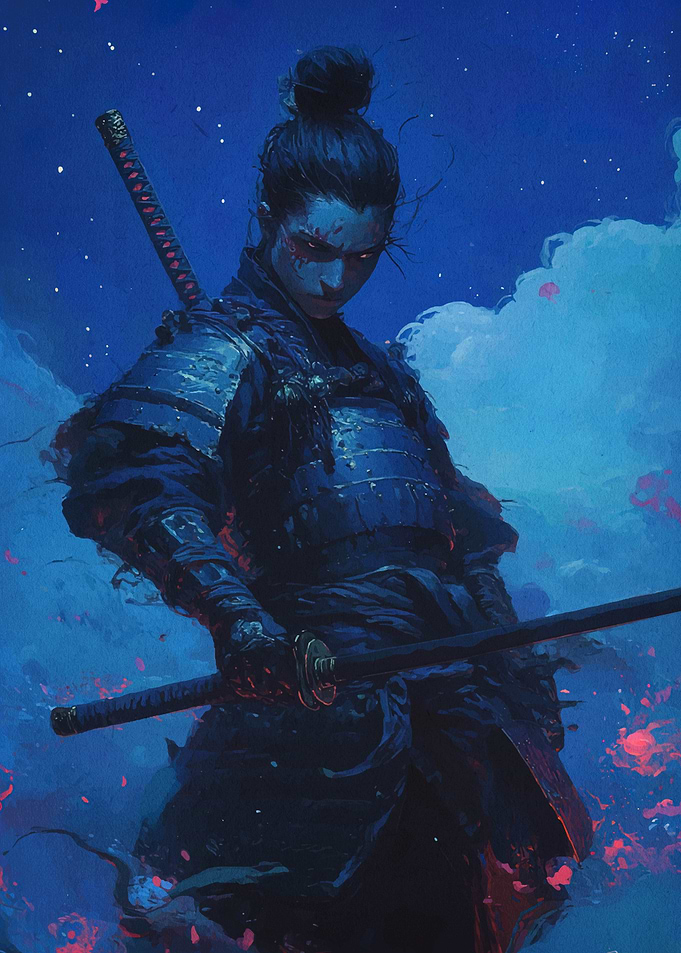 Female Samurai Warrior in Blue Armor