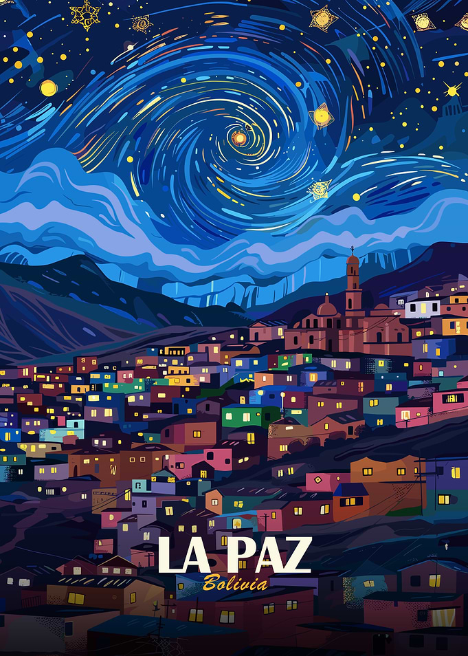 La Paz, Bolivia, Starry Night Illustration