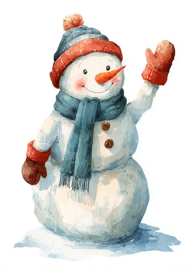 Watercolor Snowman with Hat and Scarf