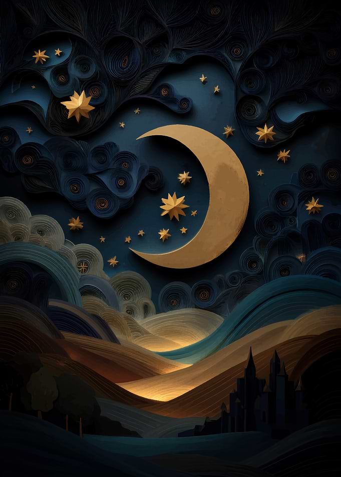Golden Moon and Starry Night Landscape