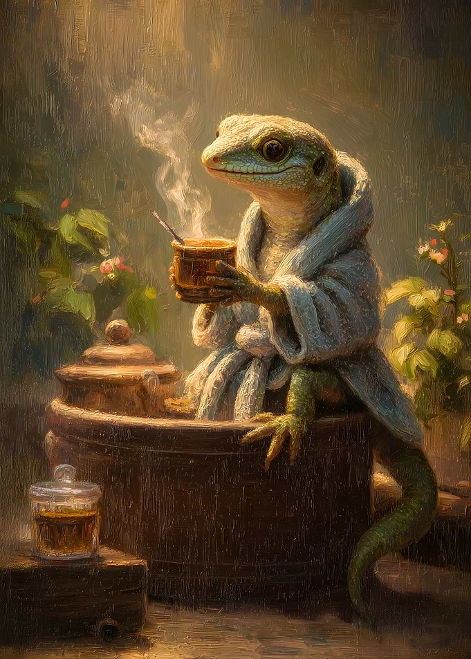 Lizard in Robe Drinking Tea in Spa