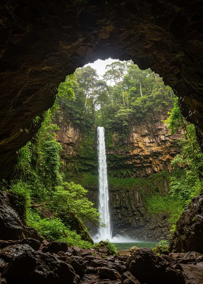 Waterfall view from cave entrance