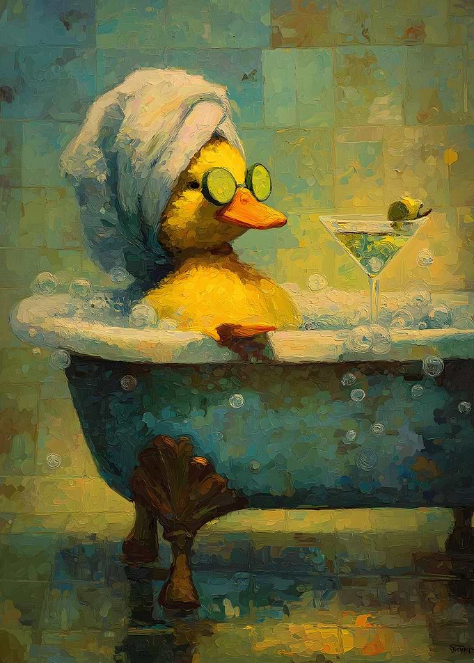 Duck in Bathtub with Cocktail Painting
