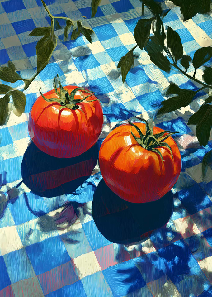 Tomatoes on Blue Checkered Cloth