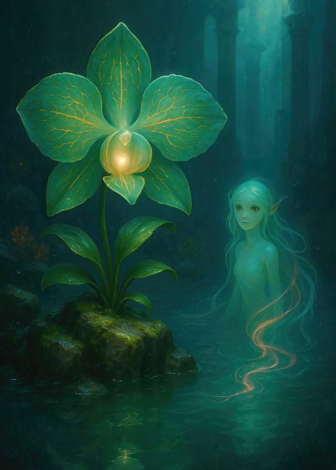 Ancient Whisperbloom Orchid and Lumiflora Nymph in Sunken Ruins