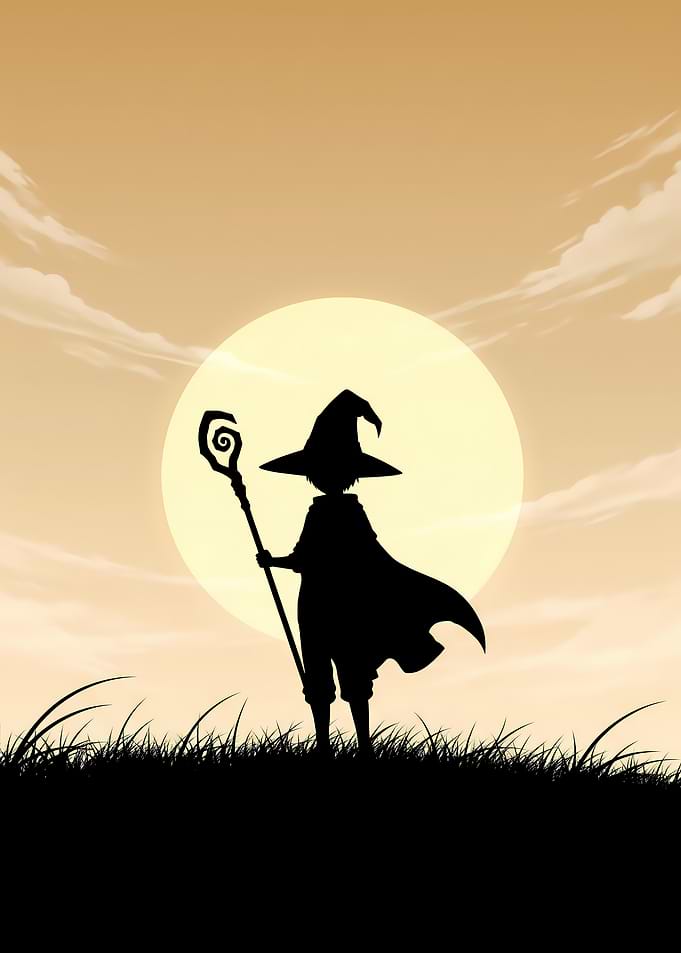 Minimalist Anime Mage Poster – Black Silhouette with Staff Under Golden Dawn Sky