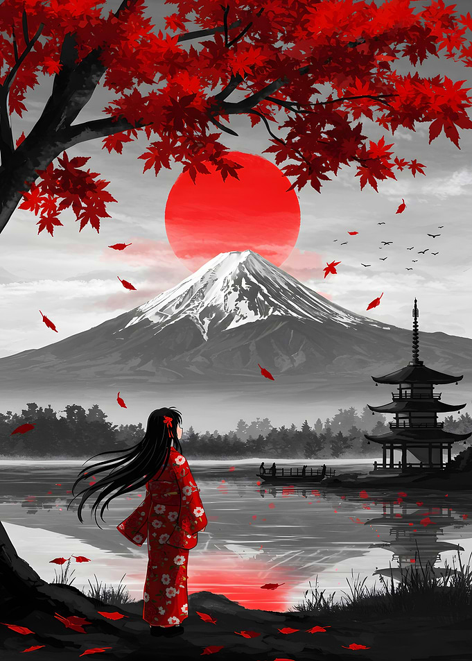 Japanese Landscape with Kimono Girl