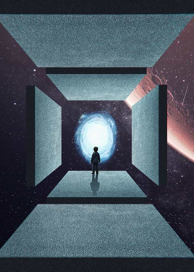 Boy Gazing at Galaxy Through Portal