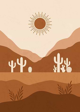 Minimalist Desert Landscape with Cacti and Sun