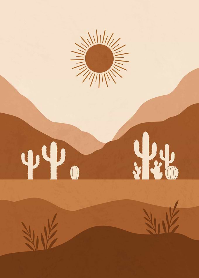 Minimalist Desert Landscape with Cacti and Sun