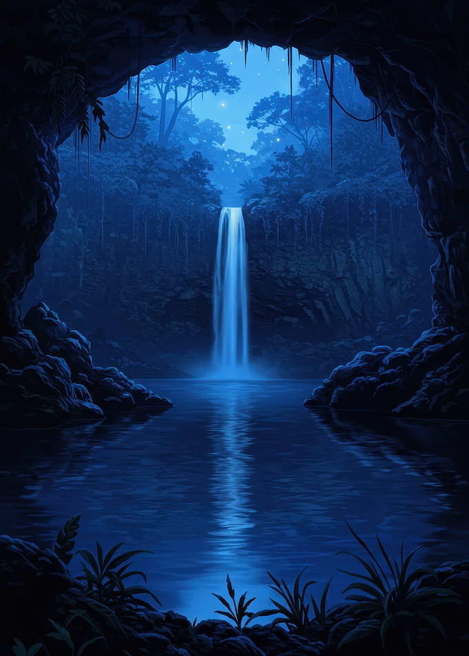 Blue Waterfall Cave Landscape