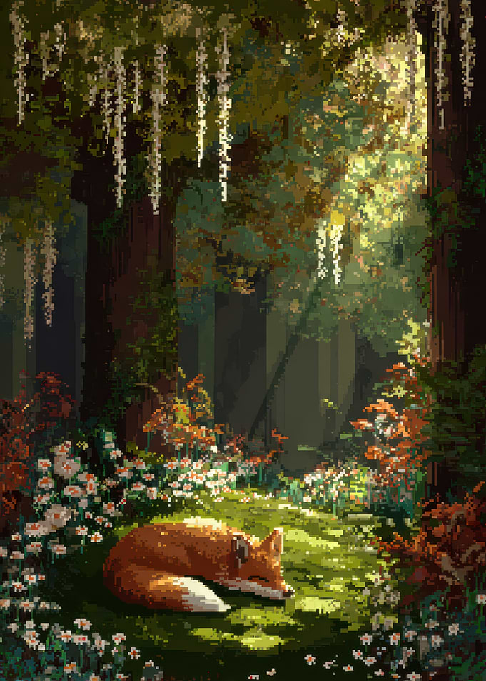 Sleeping Fox in Pixel Art Forest