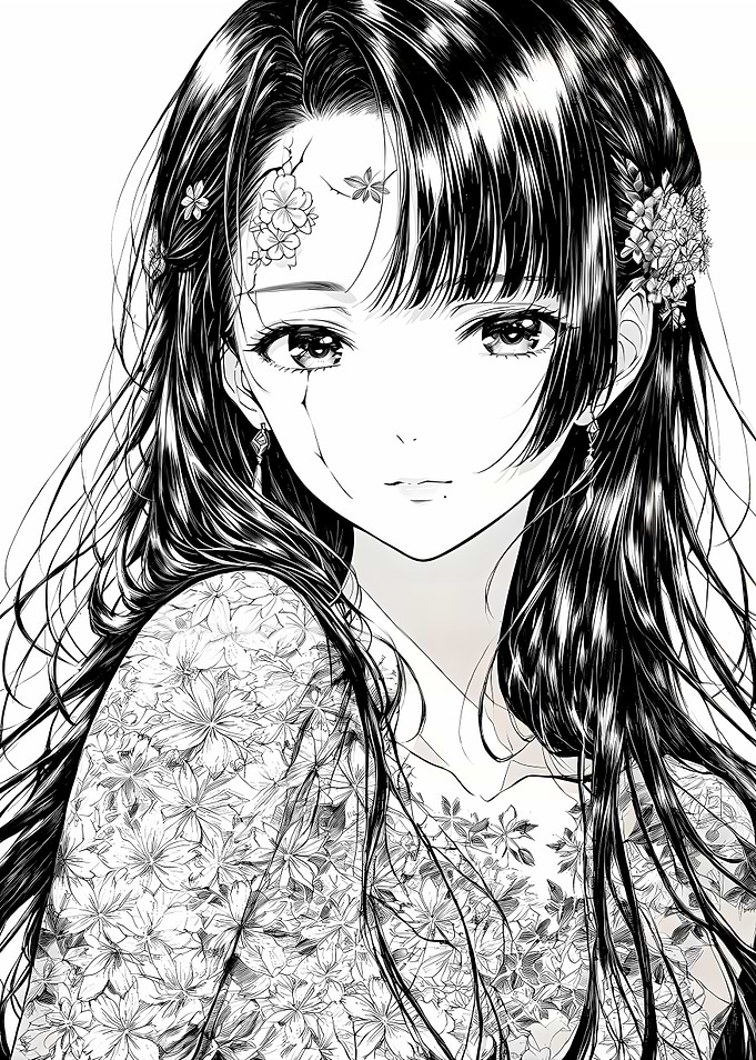 Anime Girl Portrait with Floral Details
