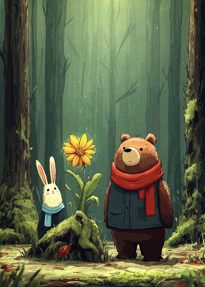Bear and Rabbit in Forest
