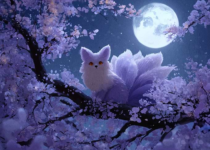 Nine-tailed fox in cherry blossoms