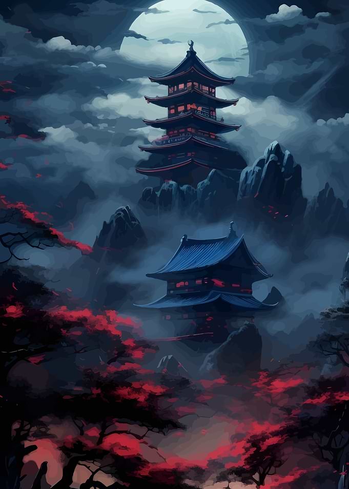Japanese Pagodas in Misty Landscape