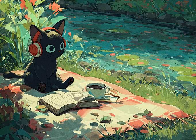 Cat with Headphones by the River