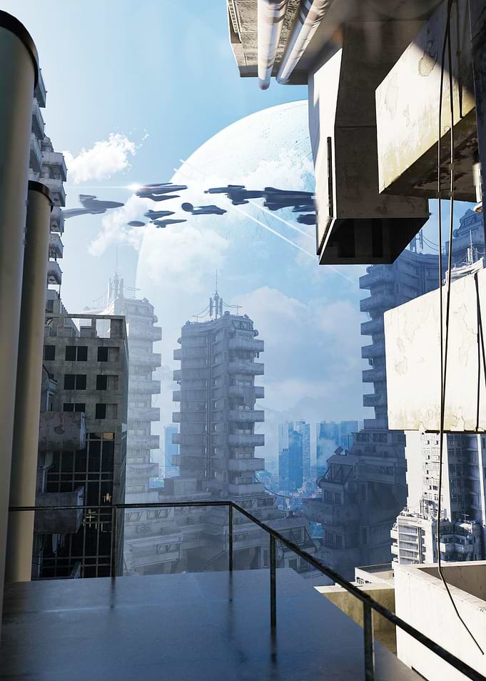 Futuristic Cityscape with Spaceships and Moon