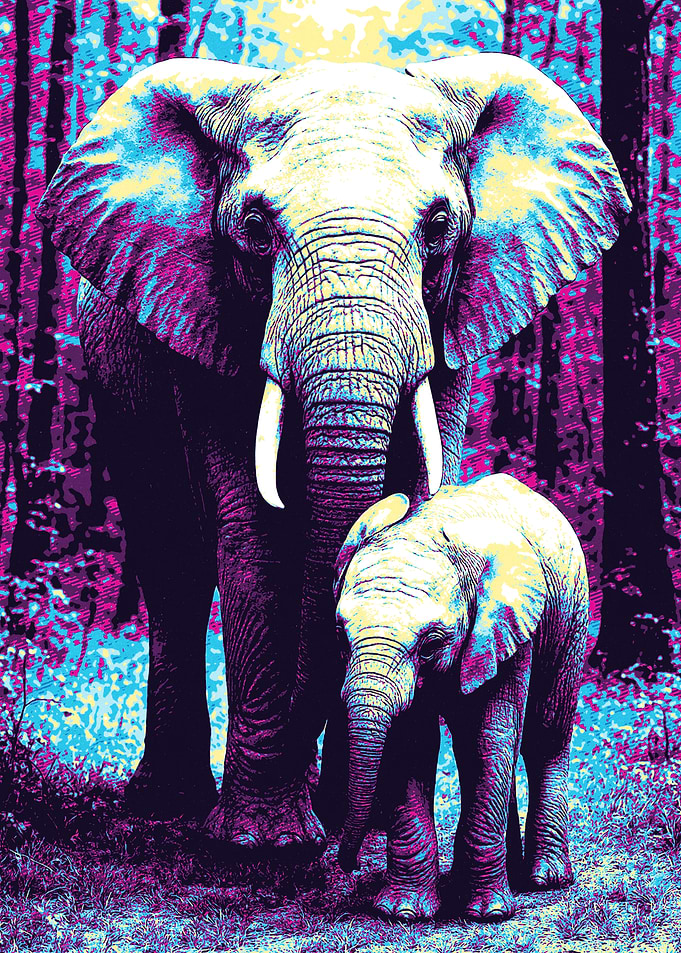 Elephant and Calf in Forest Portrait Art