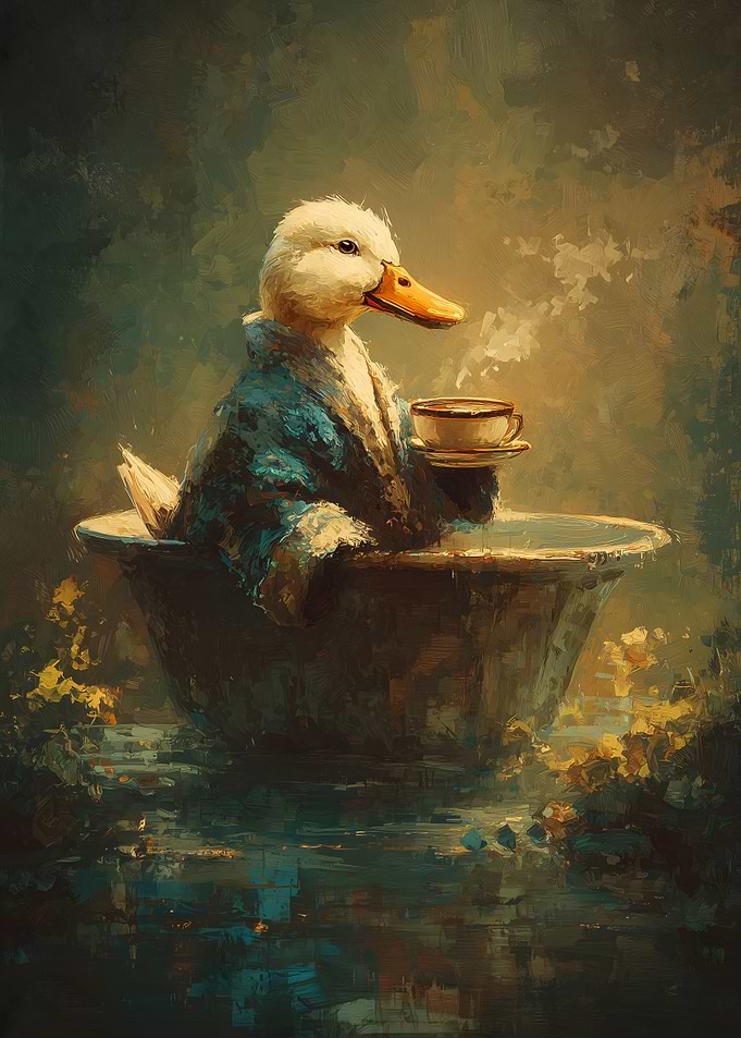 Duck in Bathrobe with Coffee