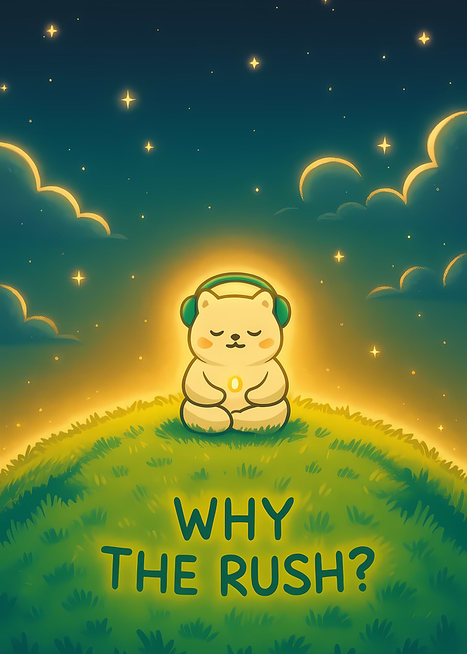 Meditating Bear with Headphones on Hill