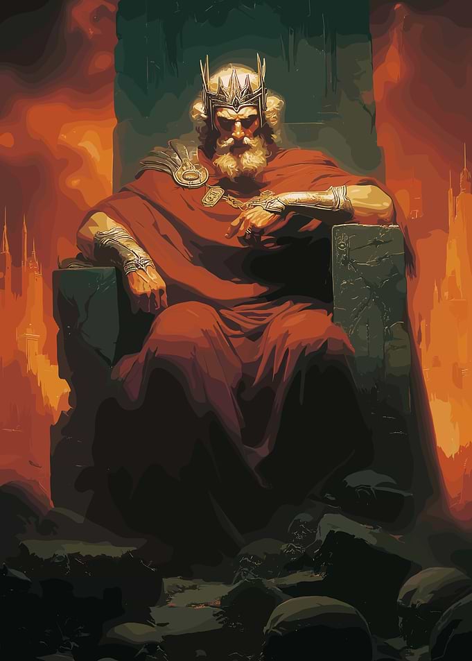 King on Throne in Fiery Landscape