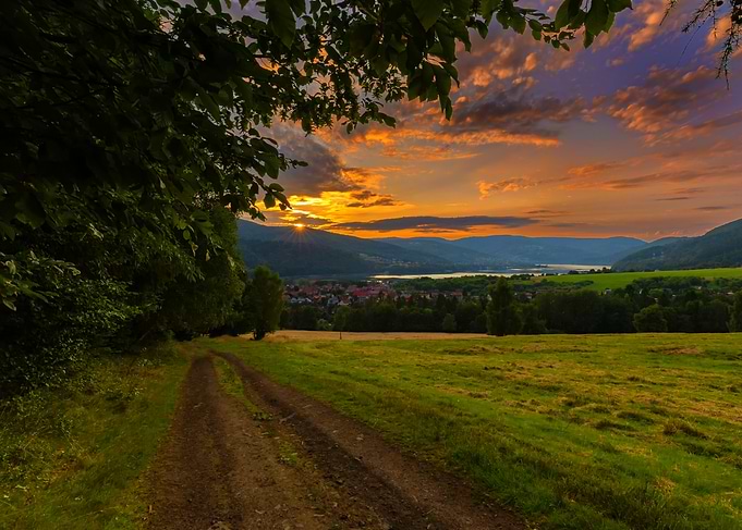Sunset over a rural landscape, Beskidy, Poland