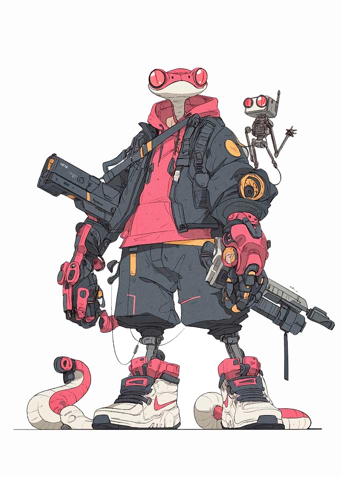 Cyberpunk Frog Warrior with Robot Companion