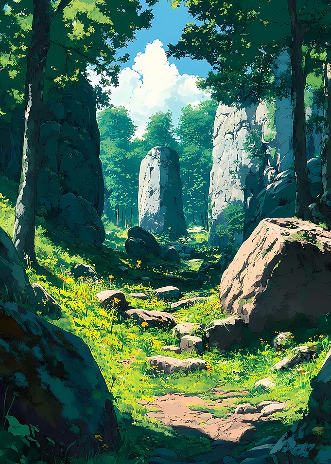 Lush Forest Path with Standing Stones