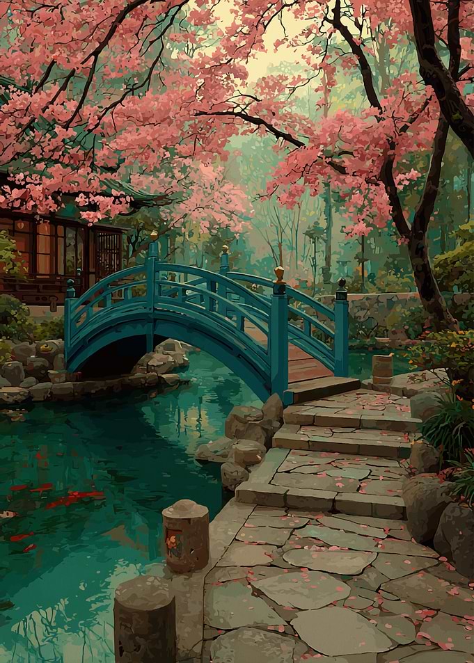 Japanese Garden with Cherry Blossoms