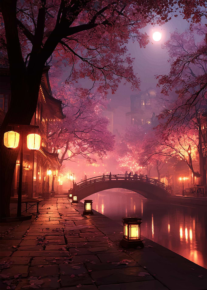 Nighttime Cherry Blossom Canal Scene