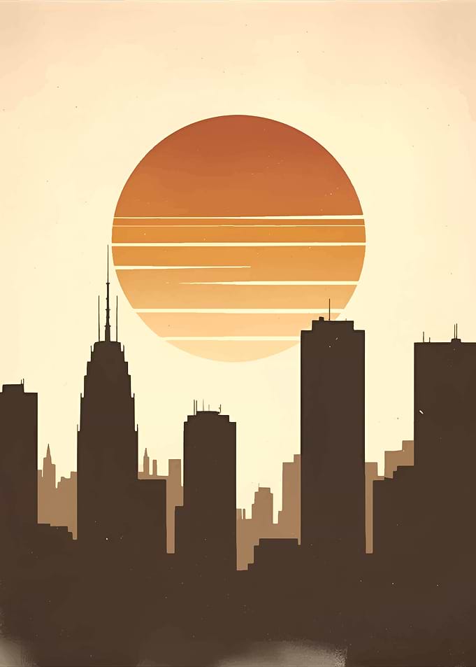 Retro Vintage Cityscape Silhouette with Sunset