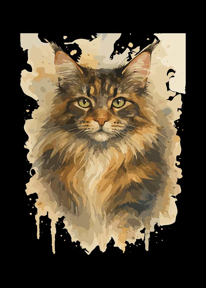 Watercolor Maine Coon Cat Portrait