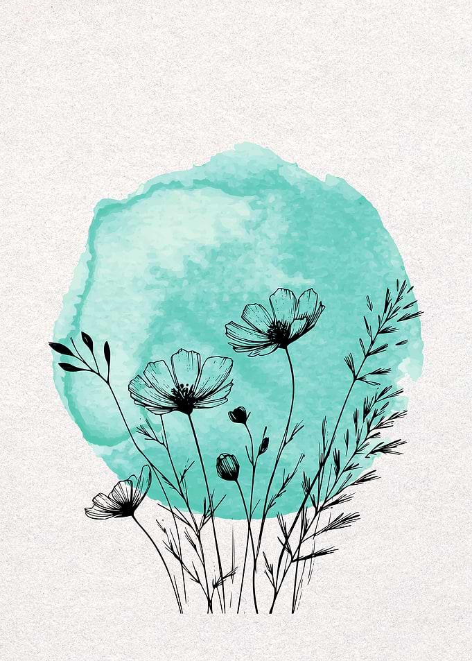 Floral Watercolor Illustration with Black Outlines