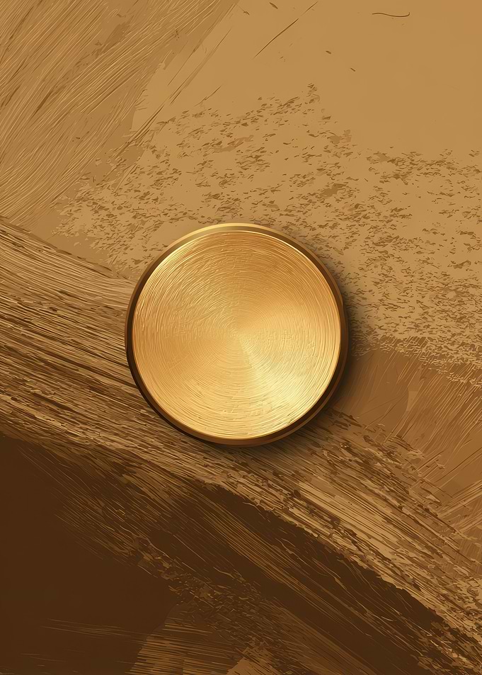 Golden disc on textured brown background