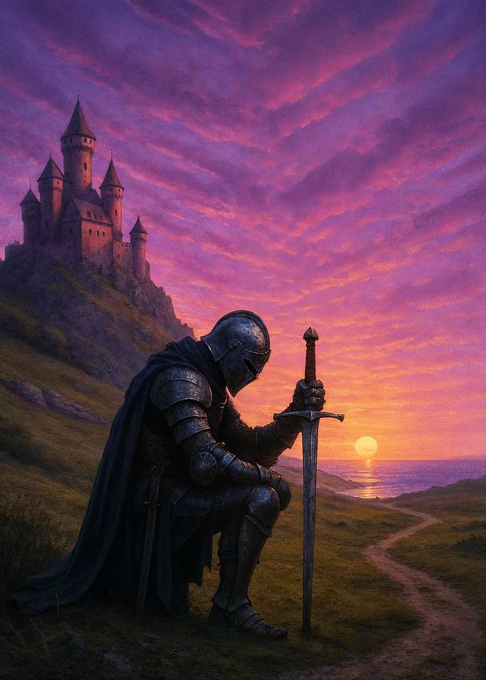 Knight with Sword at Sunset