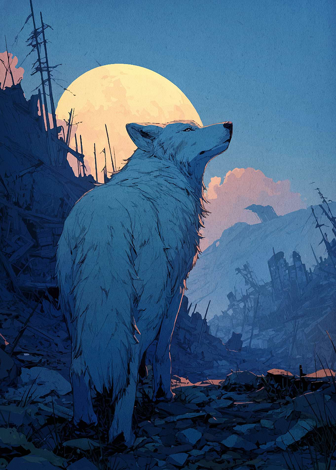 White Wolf in a Ruined Landscape