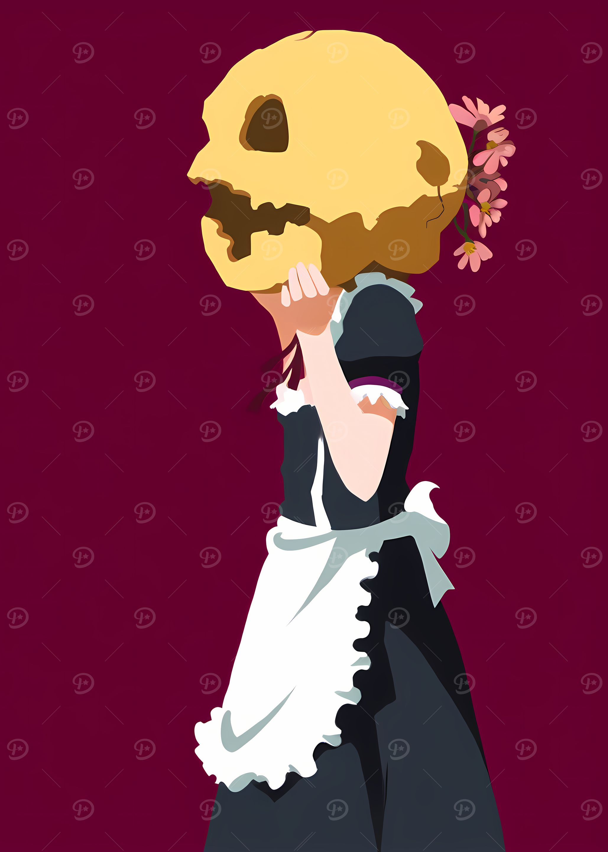 Maid with Skull Mask and Flowers