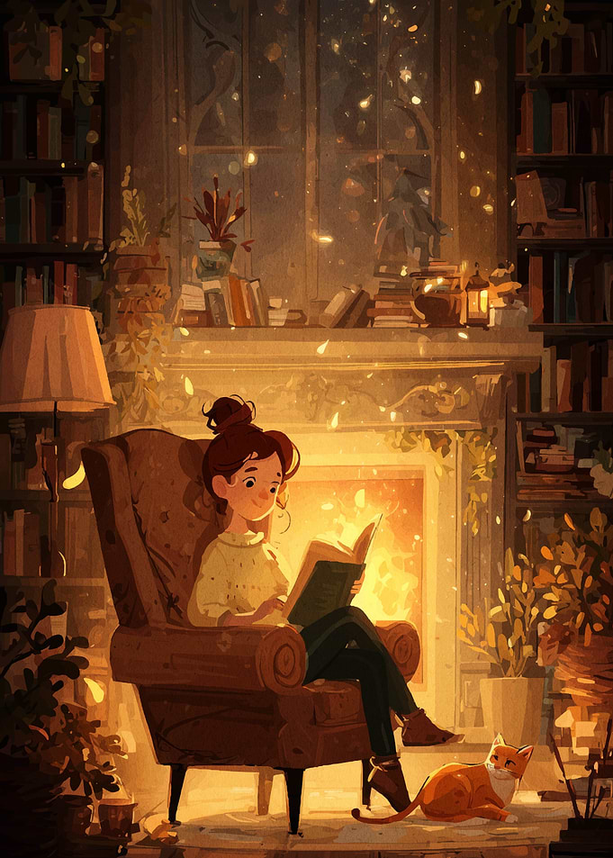 Cozy Reading Nook with Fireplace