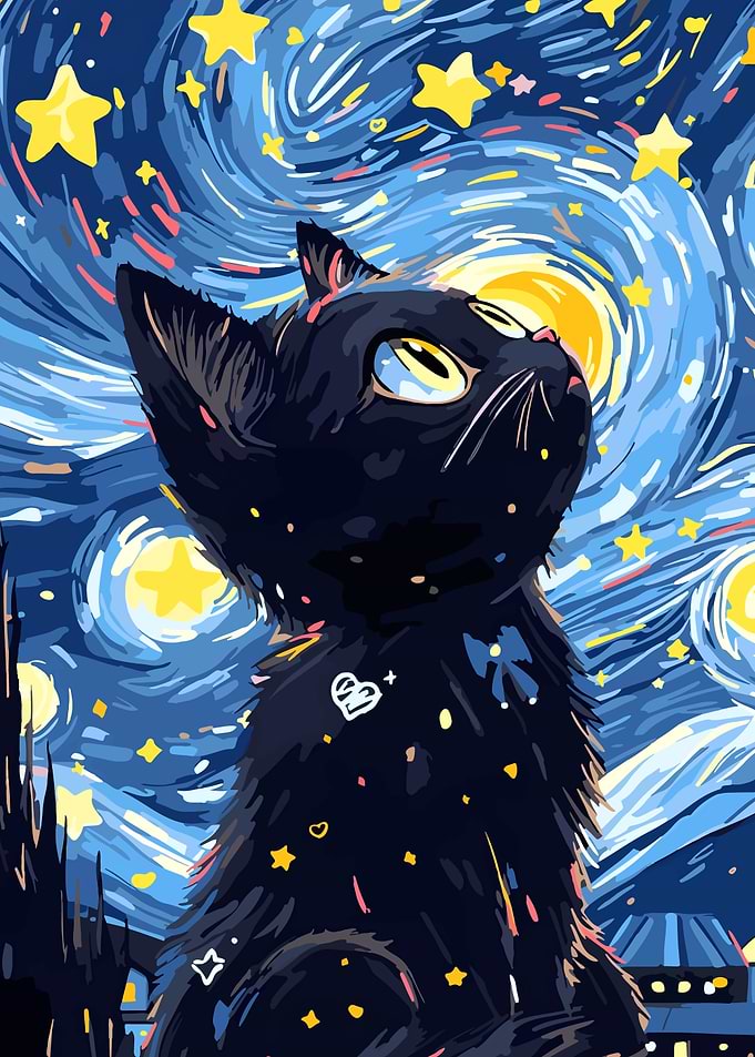 Black Cat Starry Night Art