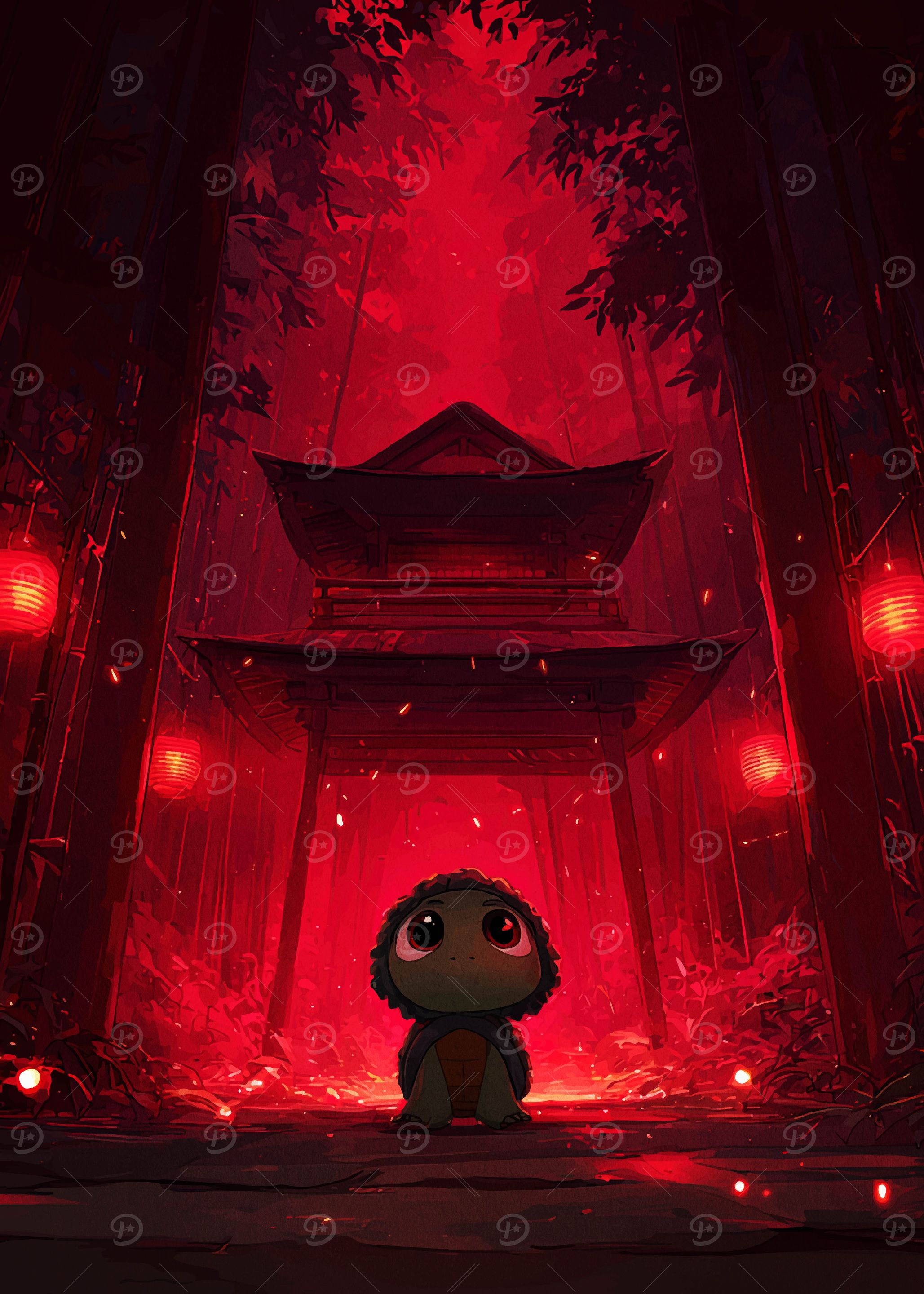 Cute Turtle in Red Japanese Forest