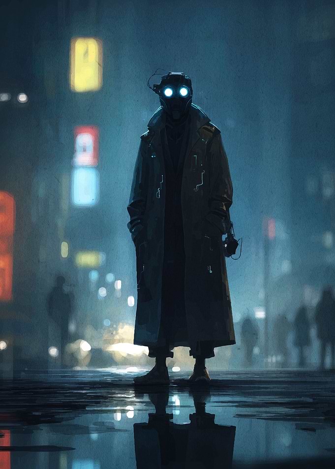 Cyberpunk Figure in Rainy Cityscape
