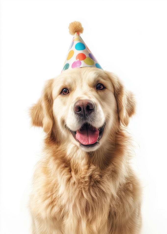 Golden Retriever with Birthday Hat