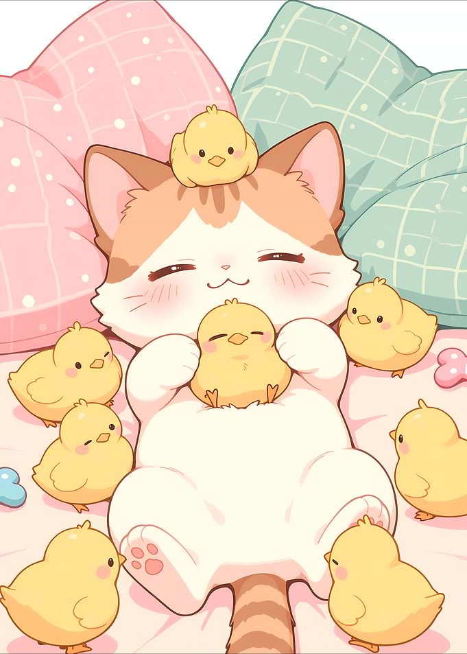 Cute Cat with Chicks Illustration