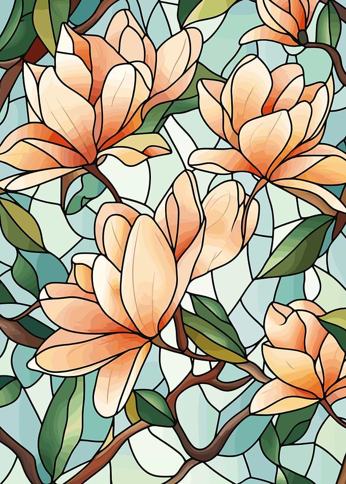 Magnolia Flowers Stained Glass Style