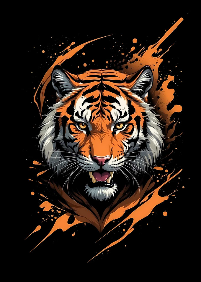 Tiger Portrait with Orange Splatter