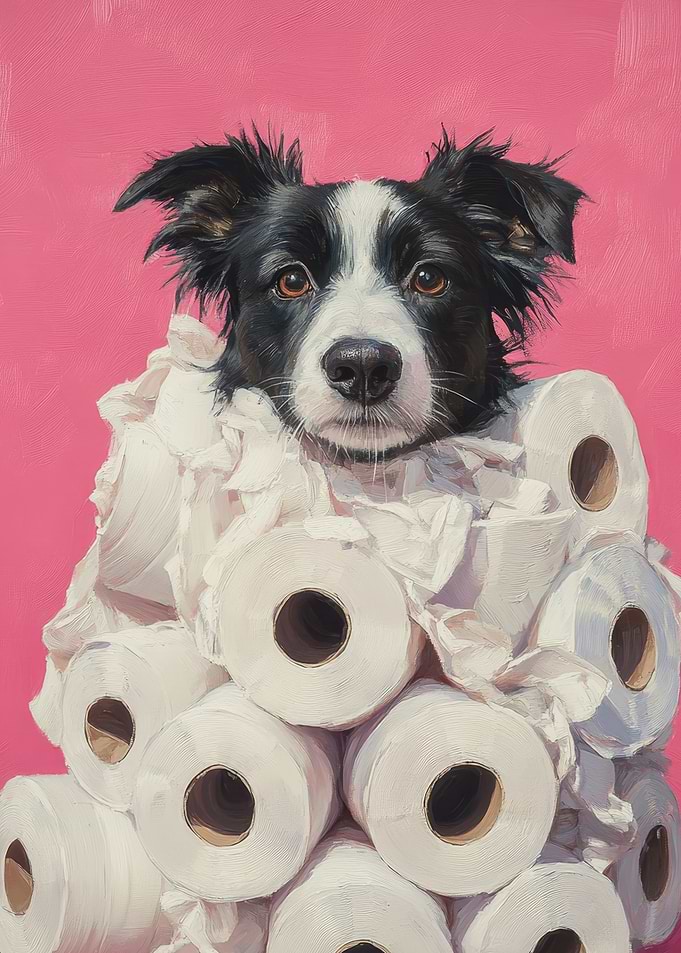 Dog in Toilet Paper Mountain Painting | Border Collie Wall Art